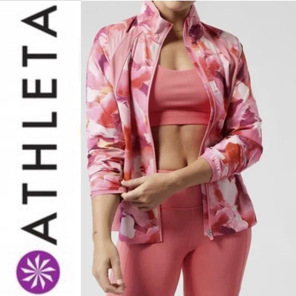Athleta Pink and White Bomber Jacket Lightweight Zip-Front